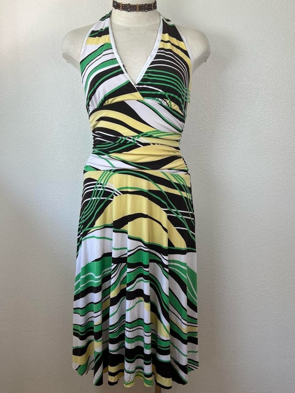 Stylish Green and Yellow Halter Midi Dress